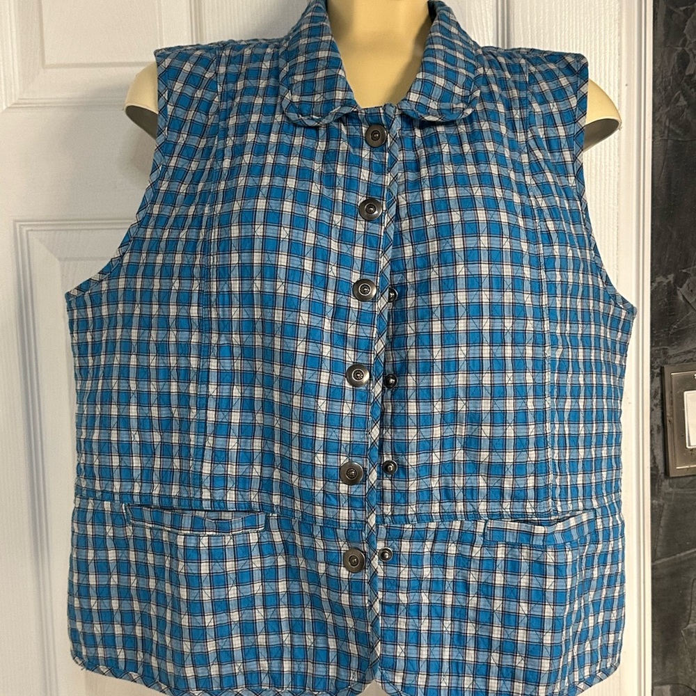 Blue and White Plaid Button-Up Vest